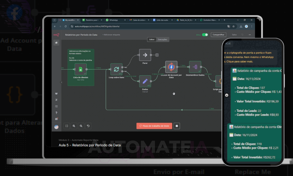 Automatize relatórios de desempenho e acompanhamento detalhado para clientes, com opções para períodos específicos e múltiplos clientes.